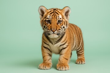 Obraz premium Baby tiger is standing on a green background. The tiger is looking at the camera with a curious expression
