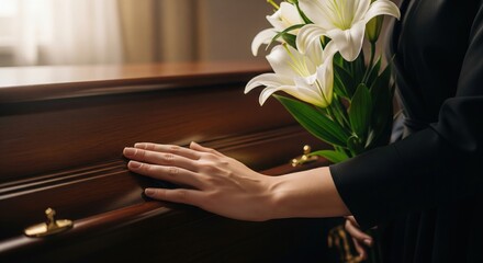 Grieving woman's hand resting on a wooden coffin holding white flowers at a funeral service, emotional moment photo