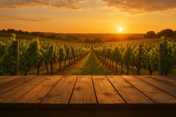 Fototapeta premium Picturesque vineyard with a wooden table in the foreground. The sun is setting, casting a warm glow over the rows of grapevines. The scene is tranquil and inviting