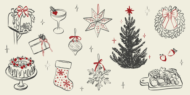 Vintage chalk-style Christmas celebration sketch with festive table, champagne glasses, wrapped gifts, holiday decorations, and charming hand-drawn winter dinner elements