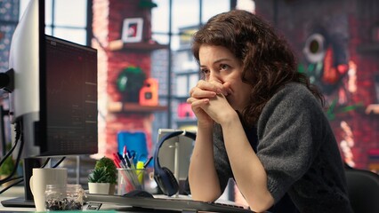 Devastated sad woman losing financial value on stock trading platform, crying and being stressed...