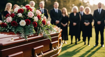 Wooden Coffin with Flower Arrangement at Funeral Ceremony with Mourners

