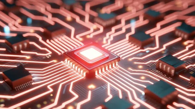 Digital Symphony: A vibrant microchip pulses with energy, intricate circuitry pathways weave a mesmerizing pattern of connectivity, capturing the essence of advanced technology.