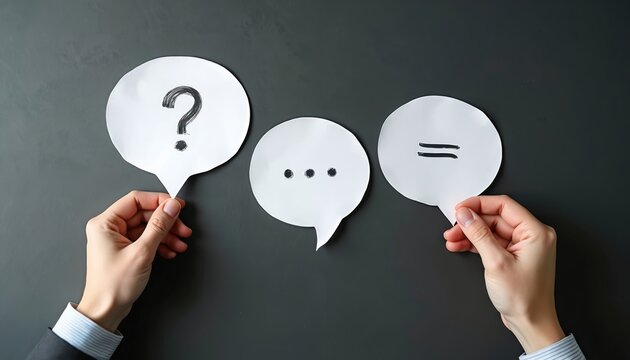 Person holds speech bubbles showing question mark ellipsis and equal sign. Represents communication connection ideas or confusion. Business concept.
