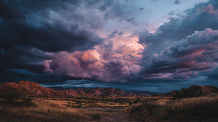 Dramatic cloud storm sunset desert landscape with rugged mountain ridge and golden grassland under moody colorful sky