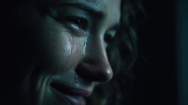A woman crying while watching video of herself smiling, emotional closeup with tear on cheek, low light cinematic portrait, introspective mood
