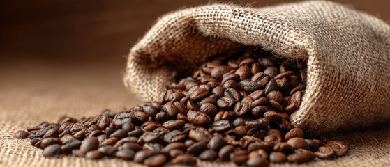 Aromatic roasted coffee bean spilling from burlap sack onto textured fabric, warm brown tones and rustic coffee shop mood creating inviting sensory appeal