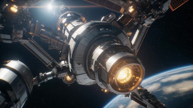 Close-up view of a spacecraft's engine module in outer space with Earth in the background and cinematic lighting.
