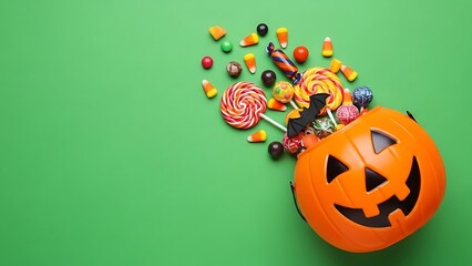 Halloween pumpkin overflowing with candy on a green background