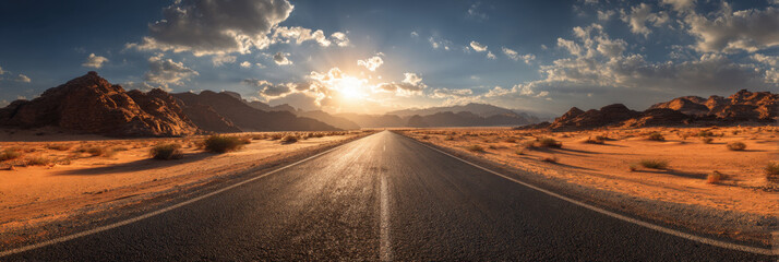 Wide desert road stretching into horizon at sunset with dramatic sky, rugged red rock formations and warm golden light evoking solitude and adventure