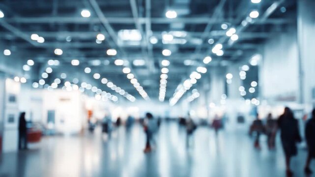 Exhibition Hall's Buzz: Capturing the atmospheric essence of an indoor exhibition hall, a blur of human movement creates a sense of curiosity, interaction, and exploration within a lively environment.