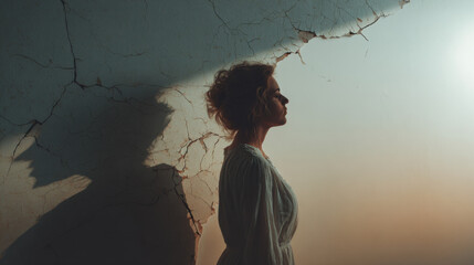 A woman shadow profile woman profile shadow on cracked wall cracked plaster silhouette dramatic lighting
