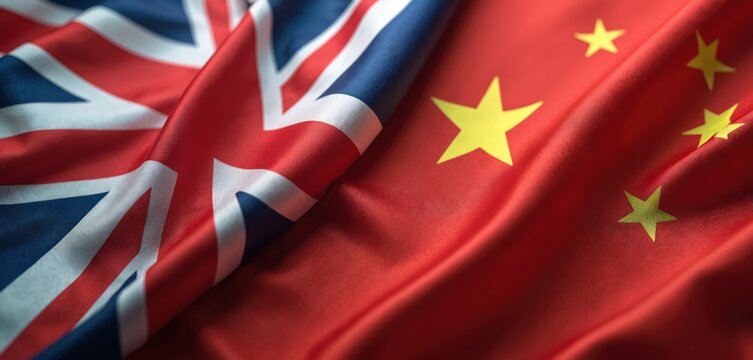 UK flag overlaps Chinese flag fabric. Nations combined for diplomacy, trade or partnership. Symbols of unity, global relations and international policy. - Powered by Adobe