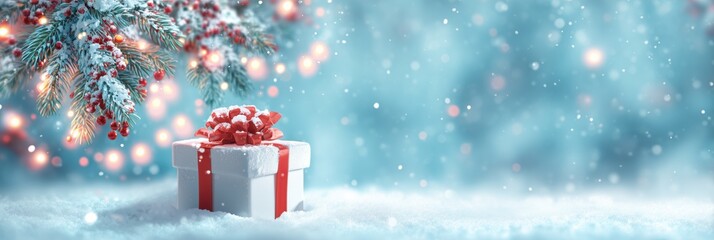 a christmas present with a red ribbon and bow on snow, a white gift box standing in the snow against a blue background with bokeh lights Generative AI