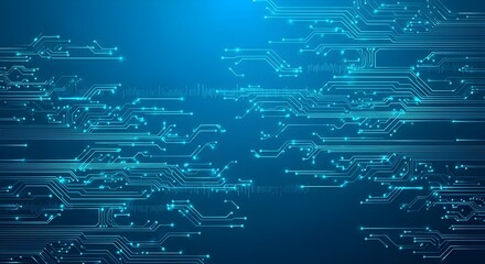 Blue abstract technology background with computer circuit board blueprint illustration and digital data network lines