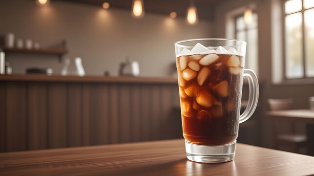Refreshing iced coffee brimming with ice cubes on a rustic wooden table, perfect for summer ads or cafe menus, inviting and delicious, cool beverage