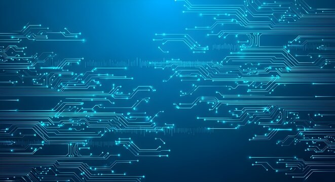 Blue abstract technology background with computer circuit board blueprint illustration and digital data network lines