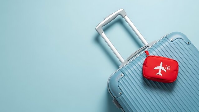 Blue suitcase with red airplane luggage tag on light blue background