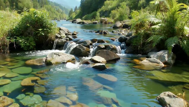 a crystal clear 8k nature title showing pure water flowing over stones surrounded by lush green plants forming a refreshing pristine scene ideal for relaxation videos environmental themes or high