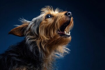 Dog with open mouth angled head and dark fur