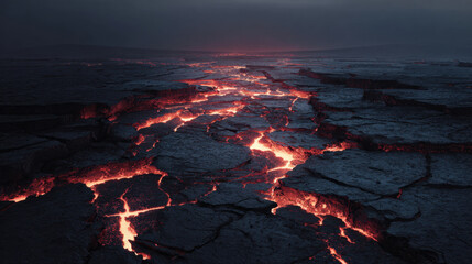 Glowing lava river cracked earth volcanic fissure molten rock dark landscape dramatic sky