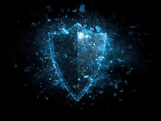 Glowing blue digital shield breaking into shards with fragmented glass pieces and smoky particles conveying dramatic cyber security breach and explosive energy