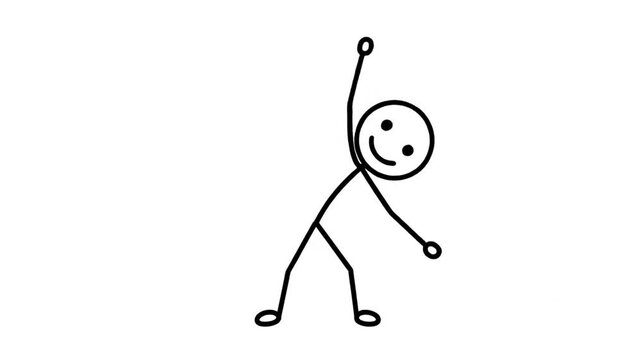 A Smiling Stick Figure Cartoon Character Performing a Side Stretch Exercise Isolated on a Clean White Background with Simple Line Art Style