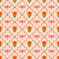 Elegant Mughal Garden Seamless Pattern with Pink Dragonflies and Orange Lily Flowers on Peach Background, Victorian Rococo Revival Textile Wallpaper Design