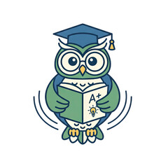 Wise Owl Character Wearing Graduation Cap Reading Open Book with A+ Grade and Lightbulb Symbol Educational Concept