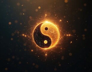 Golden glowing yin yang symbol appears within a cosmic energy network. Duality merges into oneness and spiritual harmony. Represents balance, peace and interconnectedness on dark background.