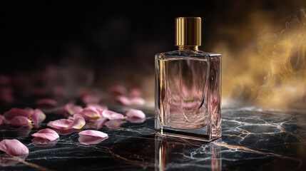 Luxury perfume bottle rose petal glass bottle gold cap reflective marble surface romantic atmosphere warm smoke aroma