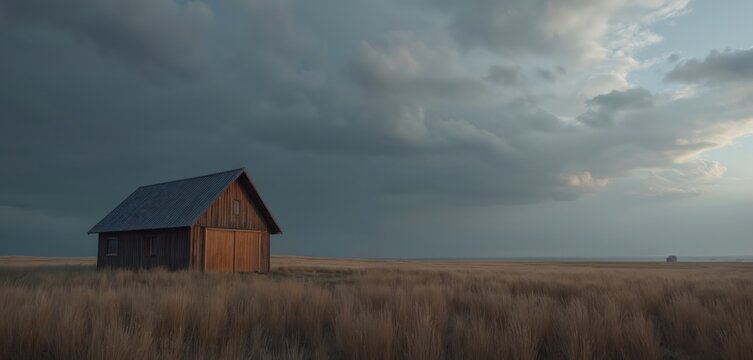 Wooden barn stands in field. Dark clouds hang over the countryside. Rural building structure is on the meadow. Photo conveys solitude calmness nature landscape.