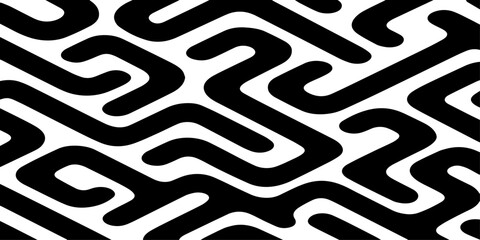 A seamless abstract geometric pattern composed of thick black rounded lines arranged diagonally across a light cream background.