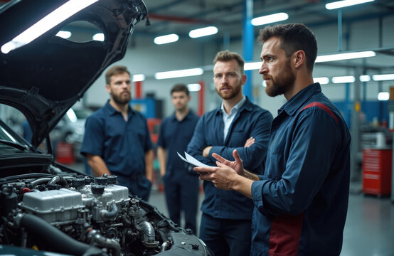 Auto repair team learns engine mechanics. Supervisor explains car part functionality with workers in workshop. Men study vehicle maintenance and diagnostic procedures.