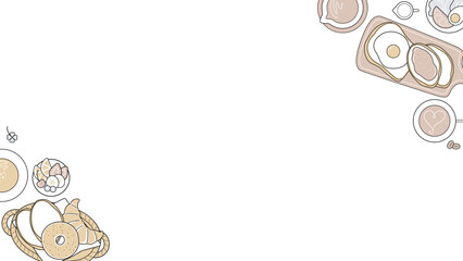 カフェ 朝食 俯瞰 フレーム 16:9 ミニマル 背景 コーヒー パン 食べ物 テンプレート