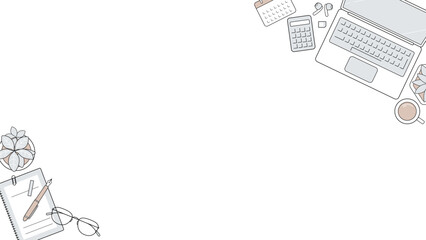 ビジネス デスク 俯瞰 フレーム 16:9 ミニマル 背景 ノートパソコン 文房具 オフィス テンプレート