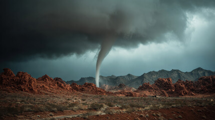 Powerful tornado sweeping across red sandstone cliff tornado red sandstone desert storm cloud funnel cloud rocky landscape mountain dramatic sky dust plume