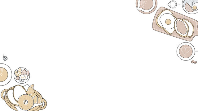 カフェ 朝食 俯瞰 フレーム 16:9 ミニマル 背景 コーヒー パン 食べ物 テンプレート