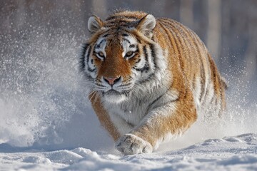 Obraz premium A tiger runs through the snow kicking up white powder The big cat is in motion its fur dusted with snow