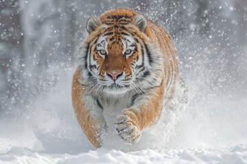 Obraz premium A tiger runs through snow its face and paws visible