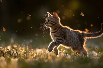 Kitten leaps through a field surrounded by butterflies and illuminated by golden sunlight