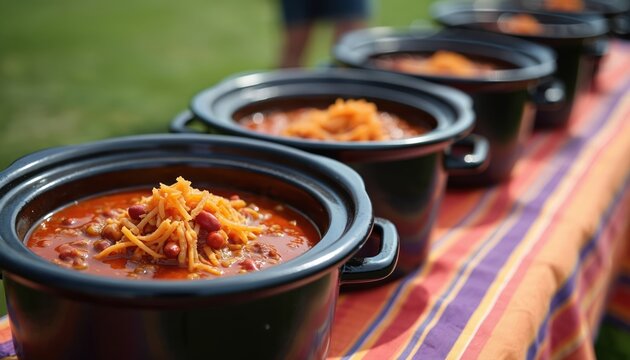 Several crockpots filled with chili are lined up on colorful striped cloth. Shredded cheese tops hearty bean and meat stew. This outdoor setup suggests food competition or casual gathering event.