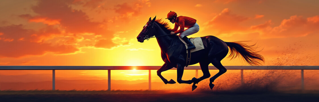 Jockey rides fast horse on race track. Horse and rider compete at sunset. Equine athlete galloping towards finish line. Dramatic sky with orange clouds.