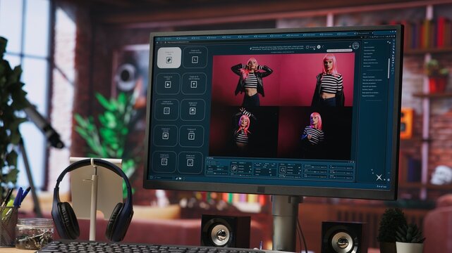 Generative artificial intelligence GPT on PC monitor with image understanding capabilities generating photos. AI virtual assistant on computer screen outputting high resolution lifelike visuals