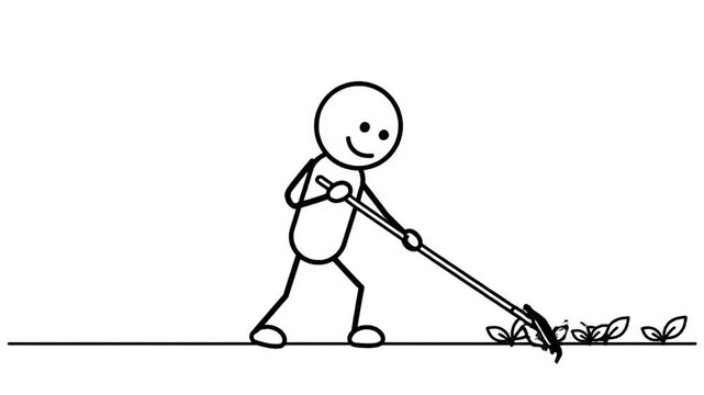 Happy Stickman Character Raking Leaves in a Garden Scene Isolated on White Background with Simple Flat Design Animation Style