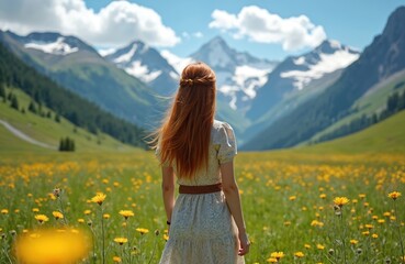 Young woman with long red hair stands in a bright meadow filled with yellow flowers. She looks towards snow capped mountains under a blue sky. Scenic landscape inspires peace and travel.