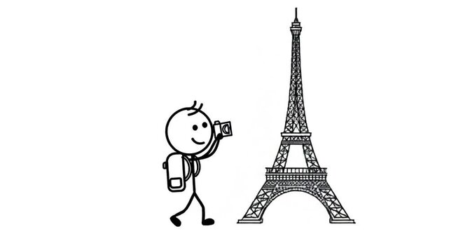 Joyful Stickman Character Travels To Iconic Eiffel Tower Landmark With Backpack and Camera Symbolizing A Dream Vacation In Paris France With Simple Line Art