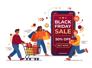 Diverse group of people shopping online during a Black Friday sale event. Flat Vector Illustrations. EPS Editable