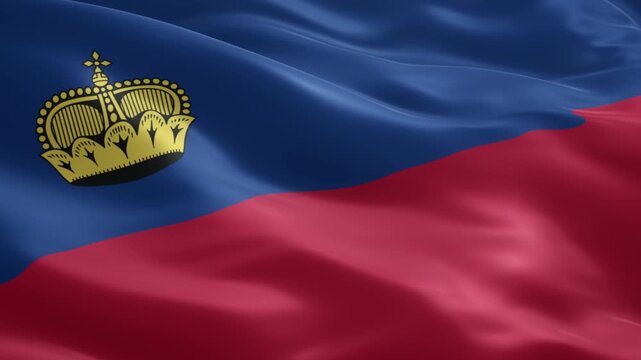Waving flag of liechtenstein with vibrant blue and red stripes, prominently featuring the golden ducal crown emblem, symbolizing national pride and sovereignty in a detailed display.
