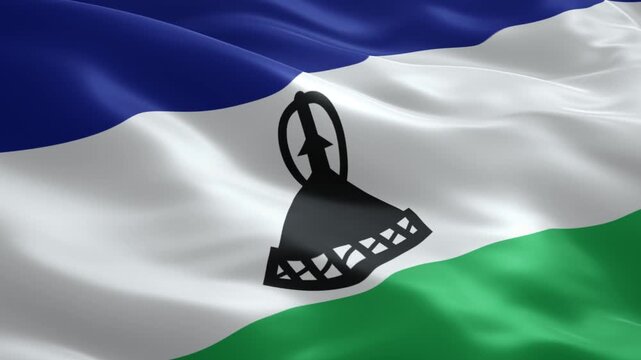 Waving national flag of lesotho, showcasing its distinct blue, white, and green horizontal stripes, centered by the iconic black mokorotlo hat symbol. a detailed fabric texture.